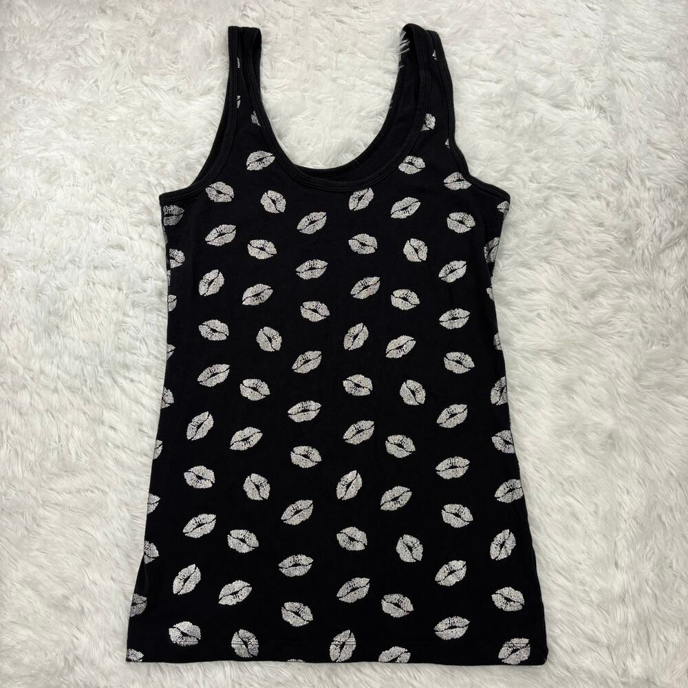 Silver Glitter Glittery Lips Print Black Tank Top Scoop Neck Graphic Tee M